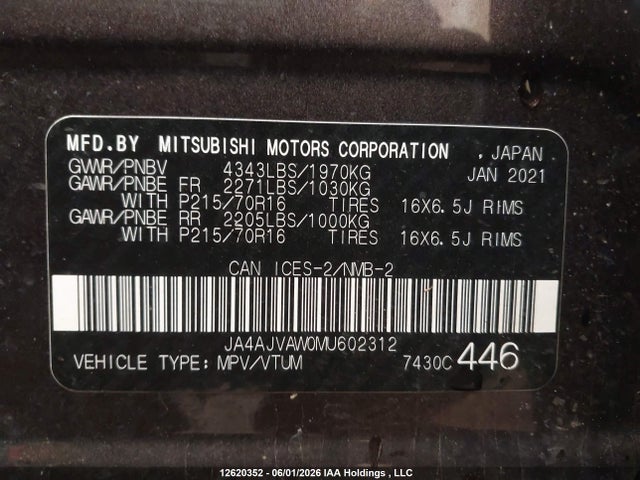 Продажа на аукционе авто 2021 Mitsubishi Rvr Gt/le/se/sel, vin: JA4AJVAW0MU602312, номер лота: 12620352