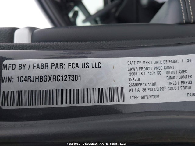 2024 Jeep Grand Cherokee Limited მანქანა იყიდება აუქციონზე, vin: 1C4RJHBGXRC127301, აუქციონის ნომერი: 12581952