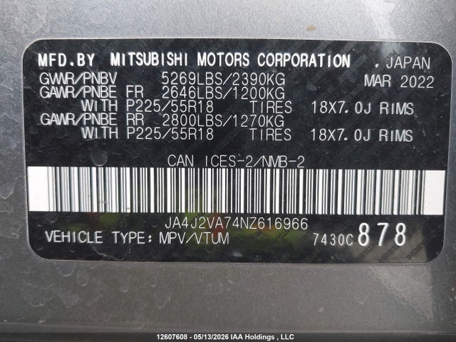 2022 Mitsubishi Outlander Phev Black Edition/gt/le/se მანქანა იყიდება აუქციონზე, vin: JA4J2VA74NZ616966, აუქციონის ნომერი: 12607608