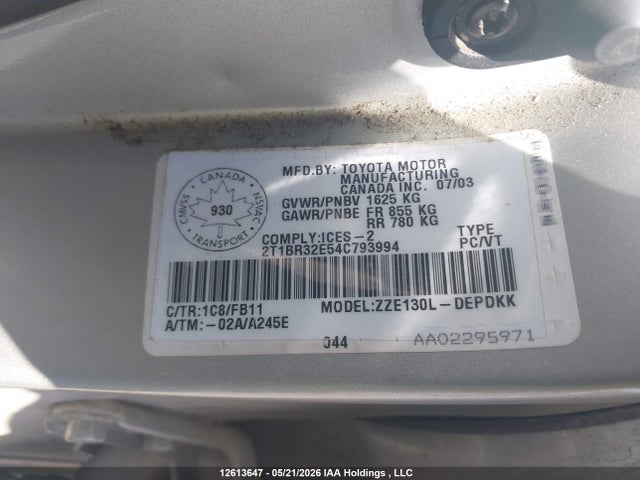 Auction sale of the 2004 Toyota Corolla Ce/le/sport, vin: 2T1BR32E54C793994, lot number: 12613647