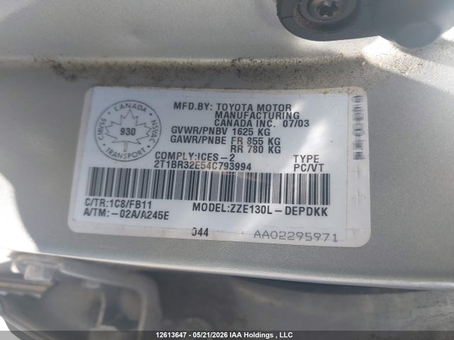 Auction sale of the 2004 Toyota Corolla Ce/le/sport, vin: 2T1BR32E54C793994, lot number: 12613647
