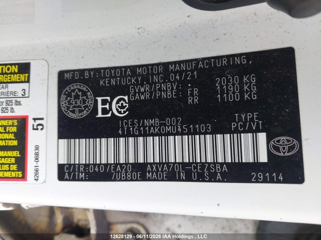 2021 Toyota Camry მანქანა იყიდება აუქციონზე, vin: 4T1G11AK0MU451103, აუქციონის ნომერი: 12628129