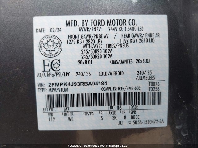 Продаж на аукціоні авто 2024 Ford Edge St Line, vin: 2FMPK4J93RBA94184, номер лоту: 12626072
