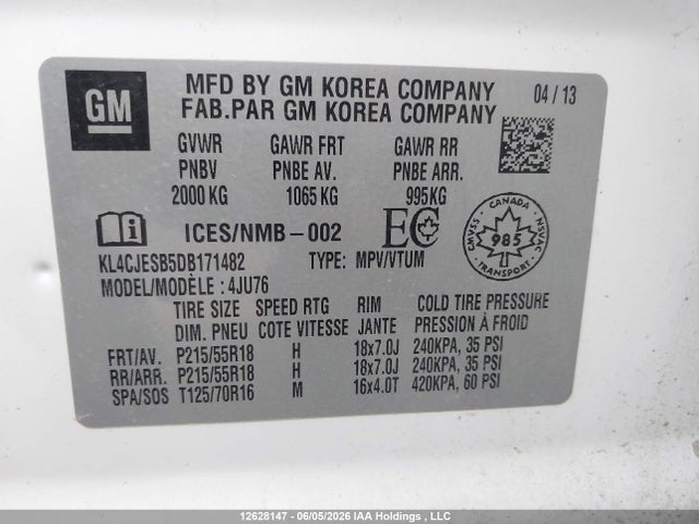 2013 Buick Encore მანქანა იყიდება აუქციონზე, vin: KL4CJESB5DB171482, აუქციონის ნომერი: 12628147