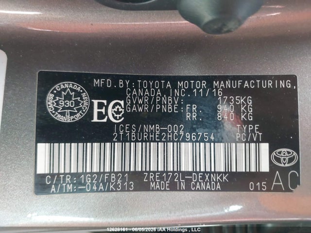 2017 Toyota Corolla Le მანქანა იყიდება აუქციონზე, vin: 2T1BURHE2HC796754, აუქციონის ნომერი: 12628161
