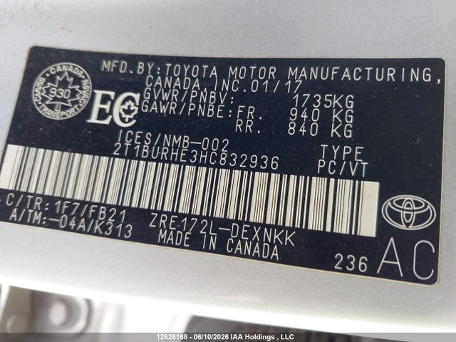 12628168 :رقم المزاد ، 2T1BURHE3HC832936 vin ، 2017 Toyota Corolla L/le/xle/se/xse مزاد بيع