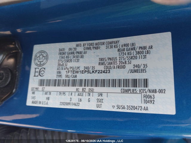 Продажа на аукционе авто 2020 Ford F-150 Lariat, vin: 1FTEW1EP5LKF22423, номер лота: 12628175