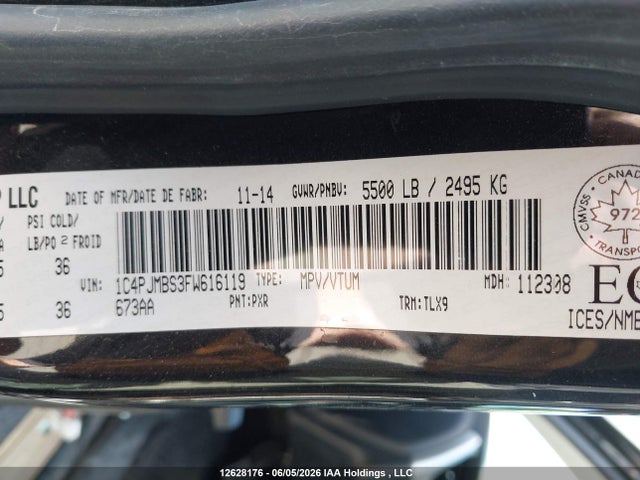 12628176 :رقم المزاد ، 1C4PJMBS3FW616119 vin ، 2015 Jeep Cherokee Trailhawk مزاد بيع