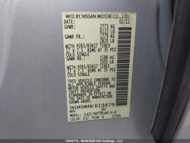 12628178 :رقم المزاد ، 5N1AR1NB4BC619479 vin ، 2011 Nissan Pathfinder مزاد بيع