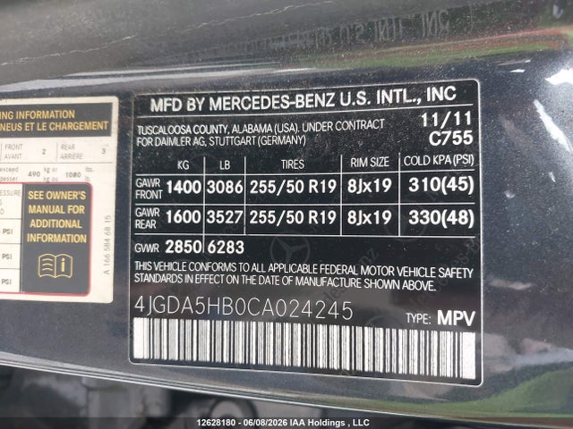 Продажа на аукционе авто 2012 Mercedes-benz Ml 350 4matic, vin: 4JGDA5HB0CA024245, номер лота: 12628180