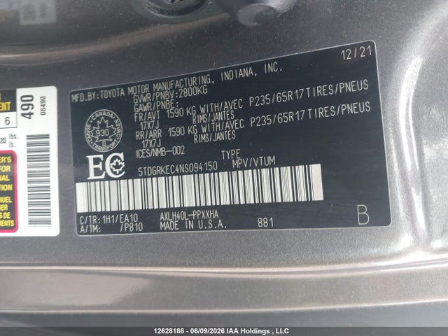 2022 Toyota Sienna Xle 8-passenger მანქანა იყიდება აუქციონზე, vin: 5TDGRKEC4NS094150, აუქციონის ნომერი: 12628188