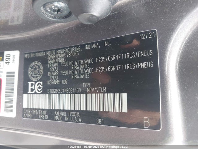 2022 Toyota Sienna Xle 8-passenger მანქანა იყიდება აუქციონზე, vin: 5TDGRKEC4NS094150, აუქციონის ნომერი: 12628188