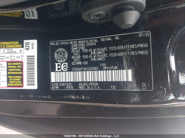 12628198 :رقم المزاد ، 5TDGSKFC8SS202865 vin ، 2025 Toyota Sienna Le 8-passenger مزاد بيع