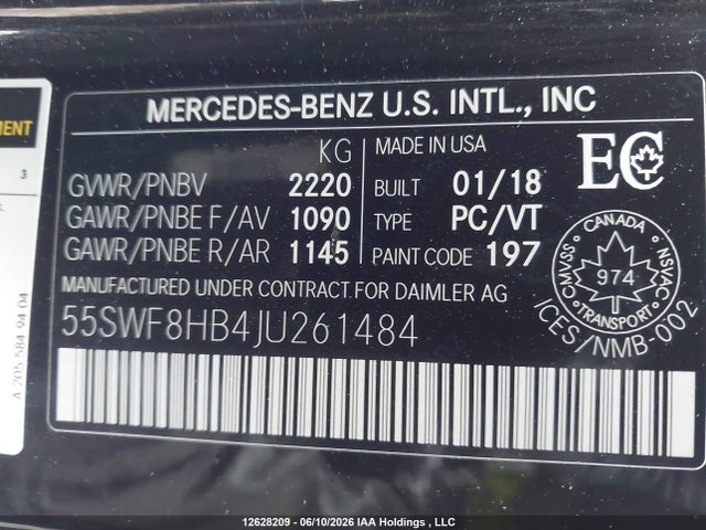 2018 Mercedes-benz C-class მანქანა იყიდება აუქციონზე, vin: 55SWF8HB4JU261484, აუქციონის ნომერი: 12628209
