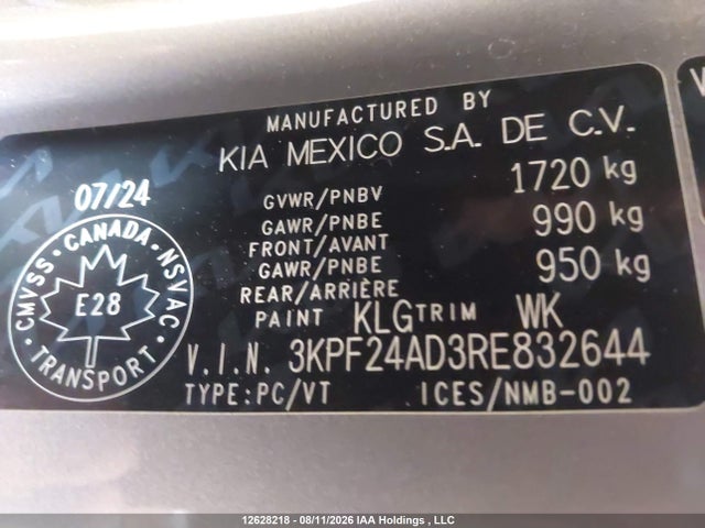 12628218 :رقم المزاد ، 3KPF24AD3RE832644 vin ، 2024 Kia Forte Lx/lxs مزاد بيع