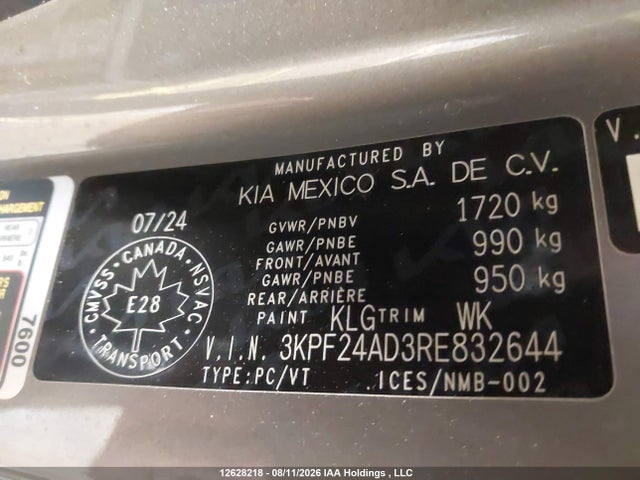 12628218 :رقم المزاد ، 3KPF24AD3RE832644 vin ، 2024 Kia Forte Lx/lxs مزاد بيع