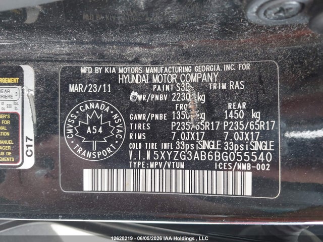 2011 Hyundai Santa Fe Gl 2.4 მანქანა იყიდება აუქციონზე, vin: 5XYZG3AB6BG055540, აუქციონის ნომერი: 12628219
