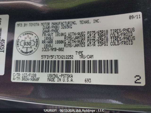 12628221 :رقم المزاد ، 5TFDY5F17CX212252 vin ، 2012 Toyota Tundra Crewmax Sr5 مزاد بيع