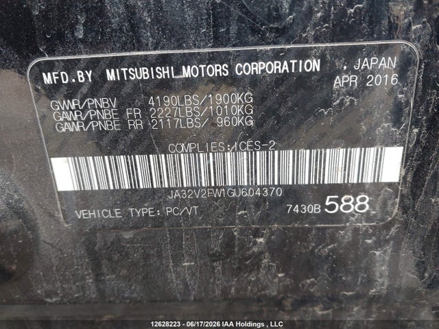 Aukcja sprzedaży 2016 Mitsubishi Lancer Es/se/sel, vin: JA32V2FW1GU604370, numer aukcji: 12628223