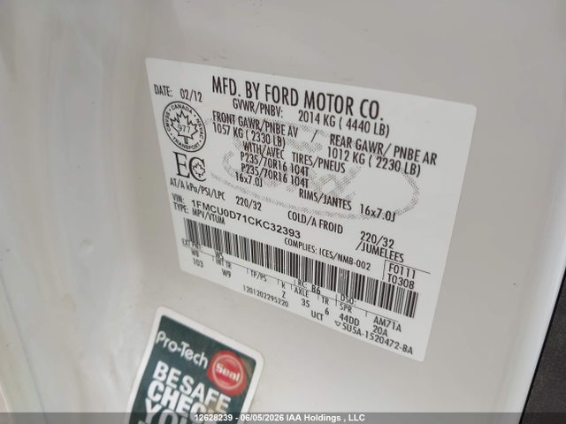 12628239 :رقم المزاد ، 1FMCU0D71CKC32393 vin ، 2012 Ford Escape Xlt مزاد بيع