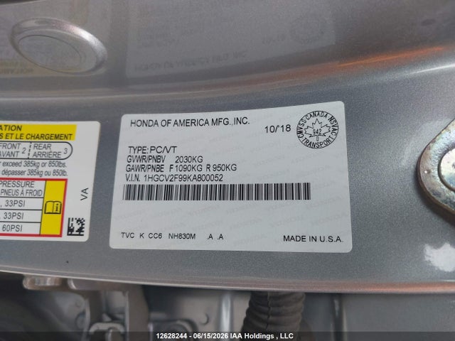 12628244 :رقم المزاد ، 1HGCV2F99KA800052 vin ، 2019 Honda Accord Touring 2.0t مزاد بيع