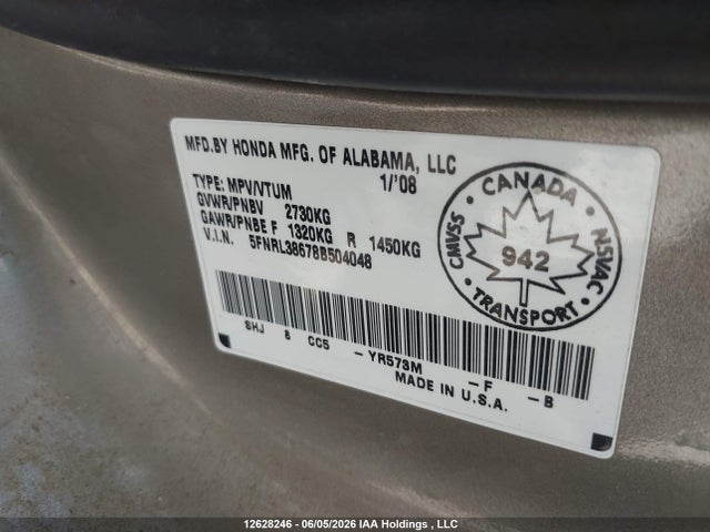 2008 Honda Odyssey Ex-l მანქანა იყიდება აუქციონზე, vin: 5FNRL38678B504048, აუქციონის ნომერი: 12628246