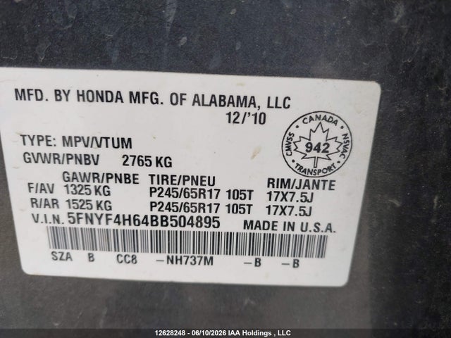 2011 Honda Pilot Ex-l მანქანა იყიდება აუქციონზე, vin: 5FNYF4H64BB504895, აუქციონის ნომერი: 12628248