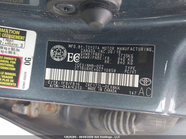 12628260 :رقم المزاد ، 2T1BURHE4GC710858 vin ، 2016 Toyota Corolla مزاد بيع