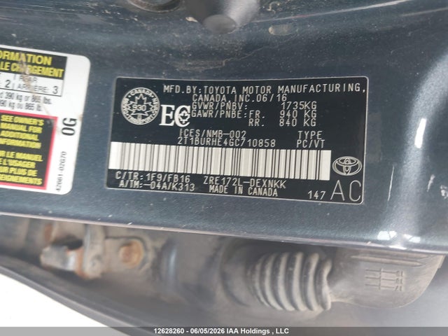 12628260 :رقم المزاد ، 2T1BURHE4GC710858 vin ، 2016 Toyota Corolla مزاد بيع
