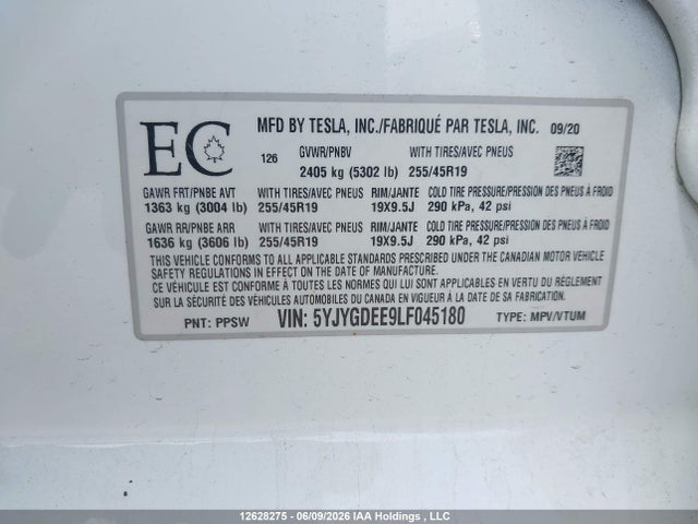 12628275 :رقم المزاد ، 5YJYGDEE9LF045180 vin ، 2020 Tesla Model Y Long Range مزاد بيع