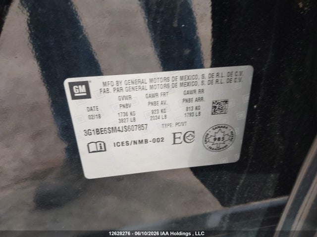 2018 Chevrolet Cruze Lt მანქანა იყიდება აუქციონზე, vin: 3G1BE6SM4JS607857, აუქციონის ნომერი: 12628276