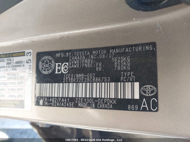 12617883 :رقم المزاد ، 2T1BR32E28C886753 vin ، 2008 Toyota Corolla مزاد بيع