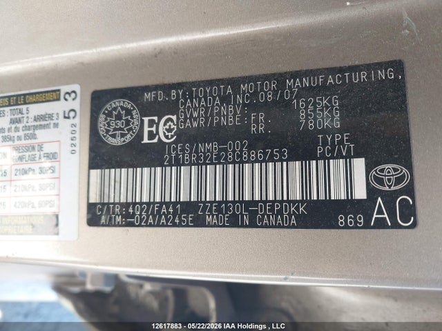 12617883 :رقم المزاد ، 2T1BR32E28C886753 vin ، 2008 Toyota Corolla مزاد بيع