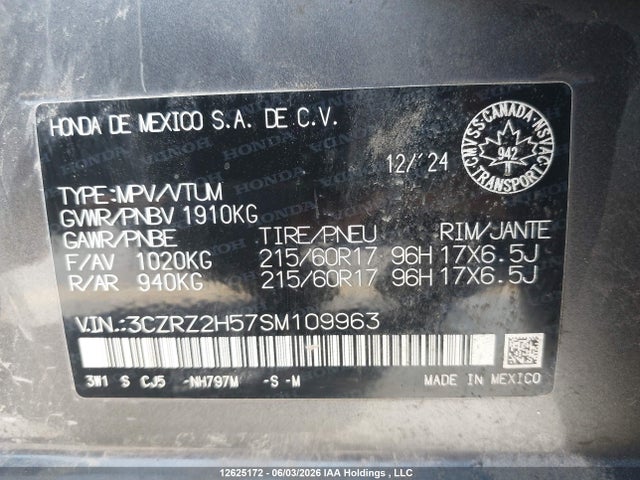 Продажа на аукционе авто 2025 Honda Hr-v Sport-b, vin: 3CZRZ2H57SM109963, номер лота: 12625172