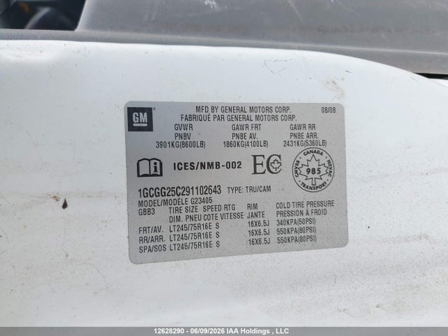12628290 :رقم المزاد ، 1GCGG25C291102643 vin ، 2009 Chevrolet Express G2500 مزاد بيع