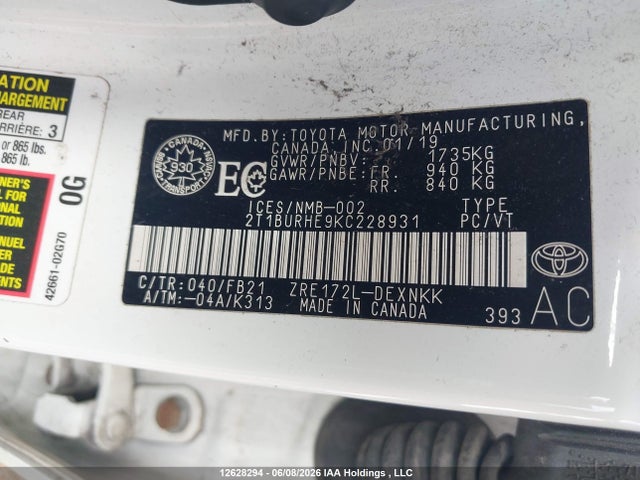 2019 Toyota Corolla L/le/xle/se/xse მანქანა იყიდება აუქციონზე, vin: 2T1BURHE9KC228931, აუქციონის ნომერი: 12628294