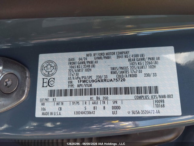 12628296 :رقم المزاد ، 1FMCU9GNXRUA75720 vin ، 2024 Ford Escape Active مزاد بيع