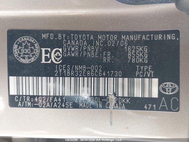 12628299 :رقم المزاد ، 2T1BR32E86C641730 vin ، 2006 Toyota Corolla Ce/le/sport مزاد بيع