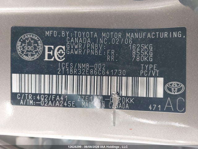 12628299 :رقم المزاد ، 2T1BR32E86C641730 vin ، 2006 Toyota Corolla Ce/le/sport مزاد بيع