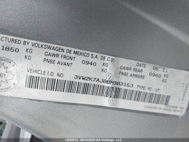 Продаж на аукціоні авто 2011 Volkswagen Jetta 2.0l Trendline/2.0l Trendline+, vin: 3VW2K7AJ8BM383153, номер лоту: 12628314