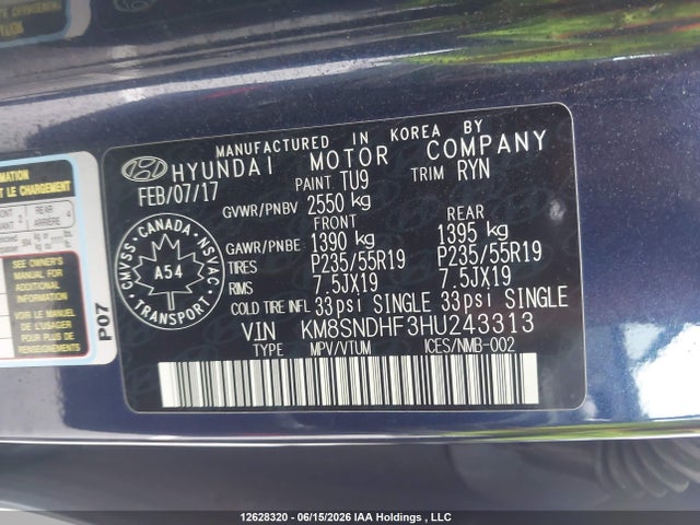 2017 Hyundai Santa Fe Xl Ultimate მანქანა იყიდება აუქციონზე, vin: KM8SNDHF3HU243313, აუქციონის ნომერი: 12628320
