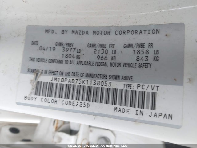 Продаж на аукціоні авто 2019 Mazda Mazda3 Gx, vin: JM1BPAB75K1138053, номер лоту: 12602706