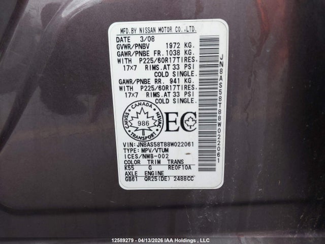 Aukcja sprzedaży 2008 Nissan Rogue Sl, vin: JN8AS58T88W022061, numer aukcji: 12589279