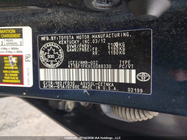Aukcja sprzedaży 2012 Toyota Camry Se/le/xle, vin: 4T1BF1FKXCU088330, numer aukcji: 12628328