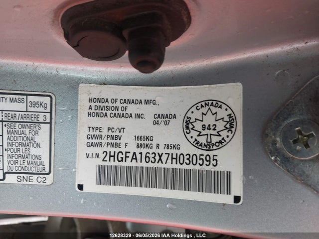 Продаж на аукціоні авто 2007 Honda Civic Dx, vin: 2HGFA163X7H030595, номер лоту: 12628329