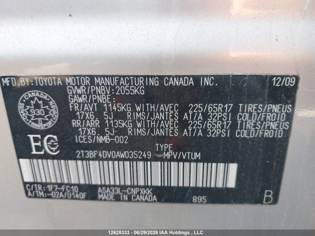2010 Toyota Rav4 მანქანა იყიდება აუქციონზე, vin: 2T3BF4DV0AW035249, აუქციონის ნომერი: 12628333