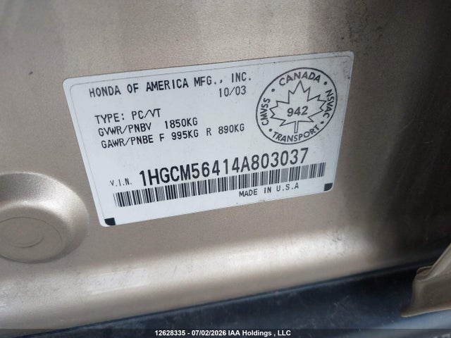 2004 Honda Accord Lx-g მანქანა იყიდება აუქციონზე, vin: 1HGCM56414A803037, აუქციონის ნომერი: 12628335