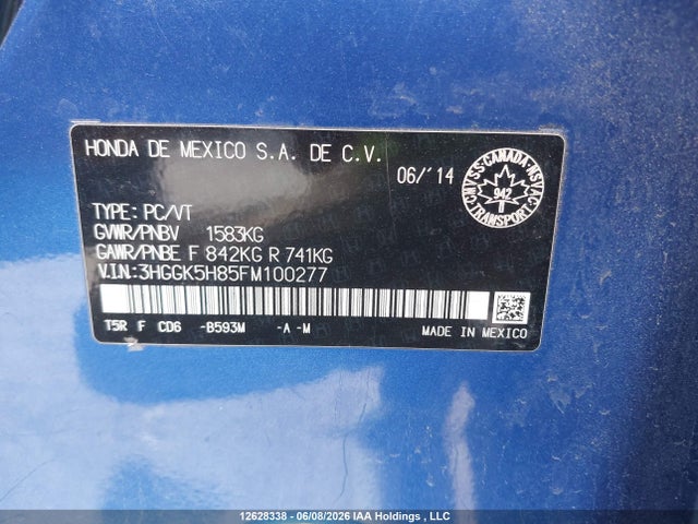 2015 Honda Fit Ex/exl მანქანა იყიდება აუქციონზე, vin: 3HGGK5H85FM100277, აუქციონის ნომერი: 12628338