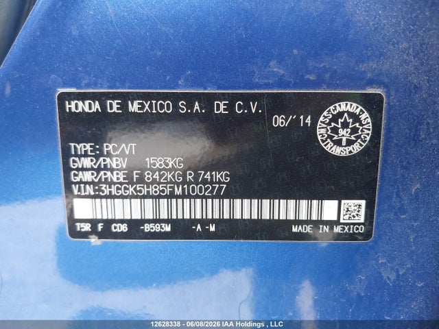 2015 Honda Fit Ex/exl მანქანა იყიდება აუქციონზე, vin: 3HGGK5H85FM100277, აუქციონის ნომერი: 12628338