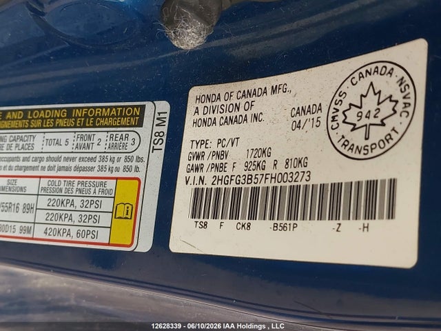 12628339 :رقم المزاد ، 2HGFG3B57FH003273 vin ، 2015 Honda Civic Ex مزاد بيع